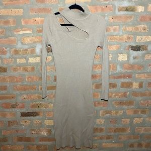 Tan sweater dress with shoulder cut out